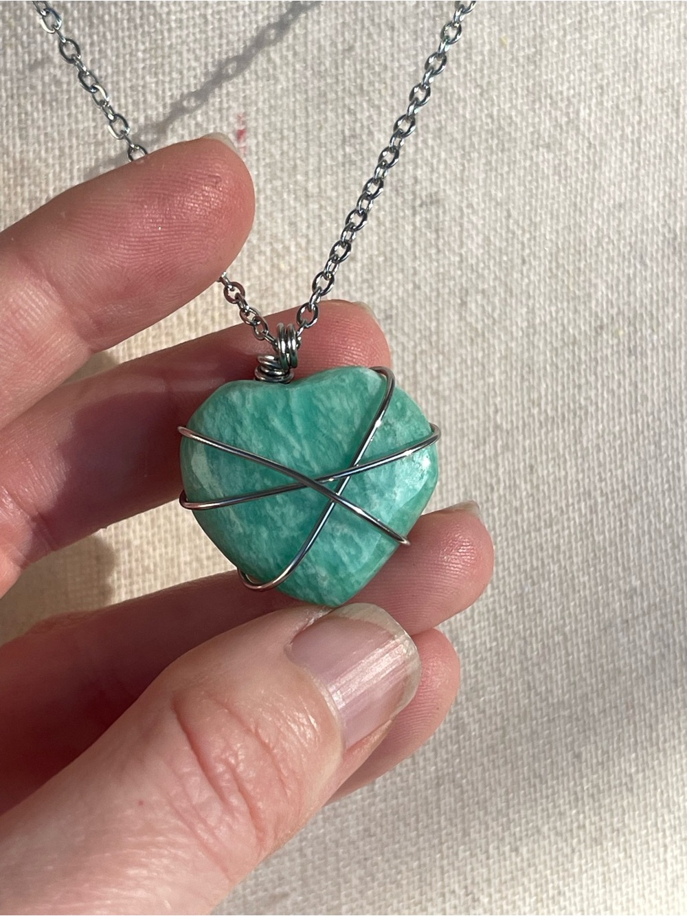 Aqua Green Amazonite Heart Pendant with Silver Stainless Steel Wire Wrapping